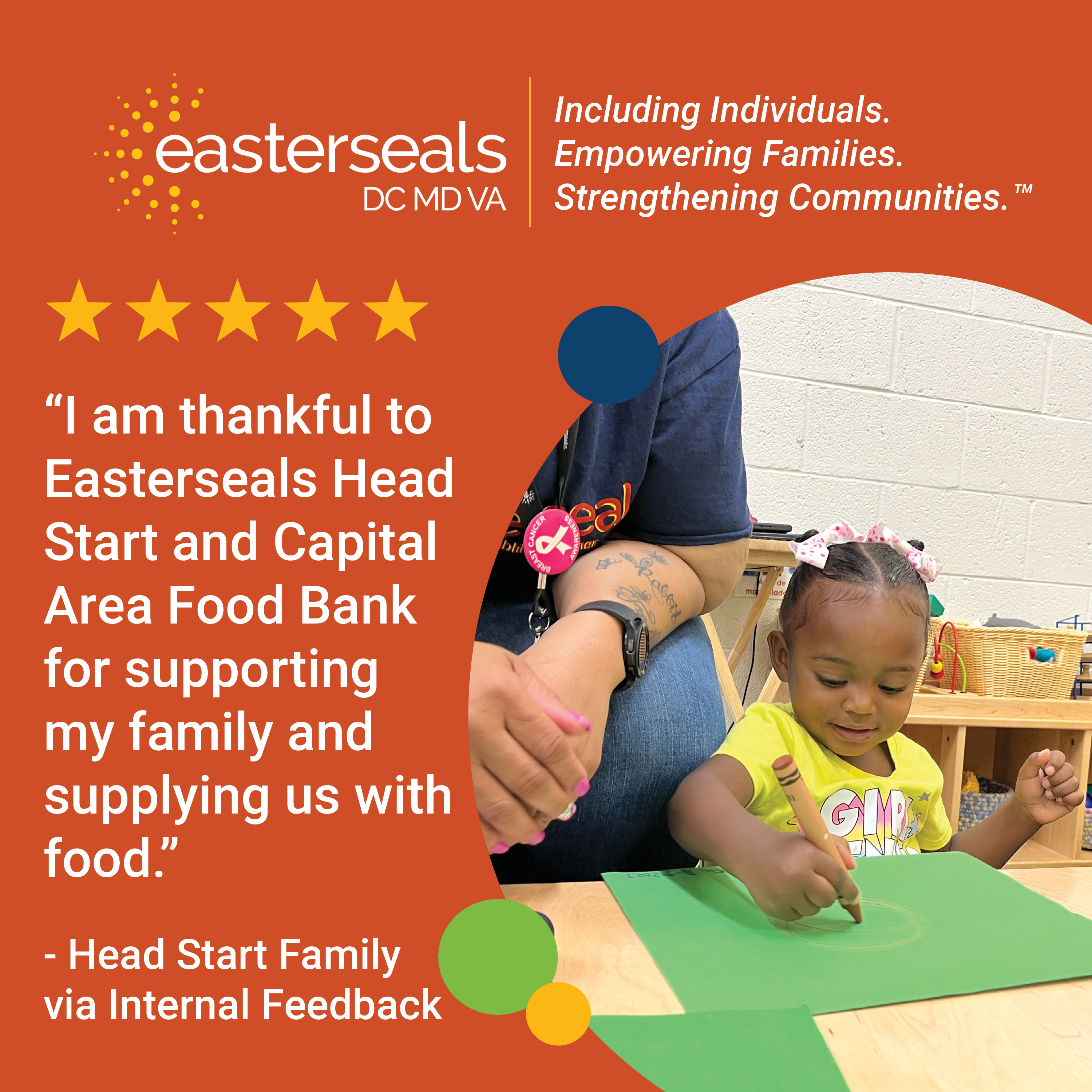 5 stars: “I am thankful to Easterseals Head Start and Capital Area Food Bank for supporting my family and supplying us with food.” - Head Start Family via Internal Feedback