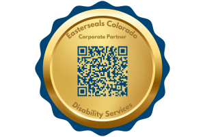 a gold and blue circular seal with a qr code in the middle