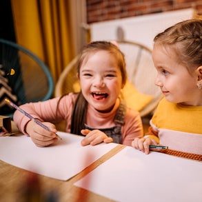 Shot of two sisters completing their homework togethe