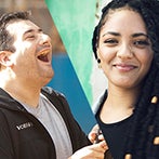 Man laughing and woman grinning