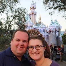 Matthew and Vallee in front of castle