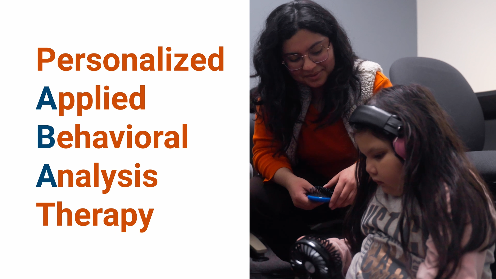 A graphic that shows a therapist speaking with a girl. The text reads: Applied Behavioral Analysis