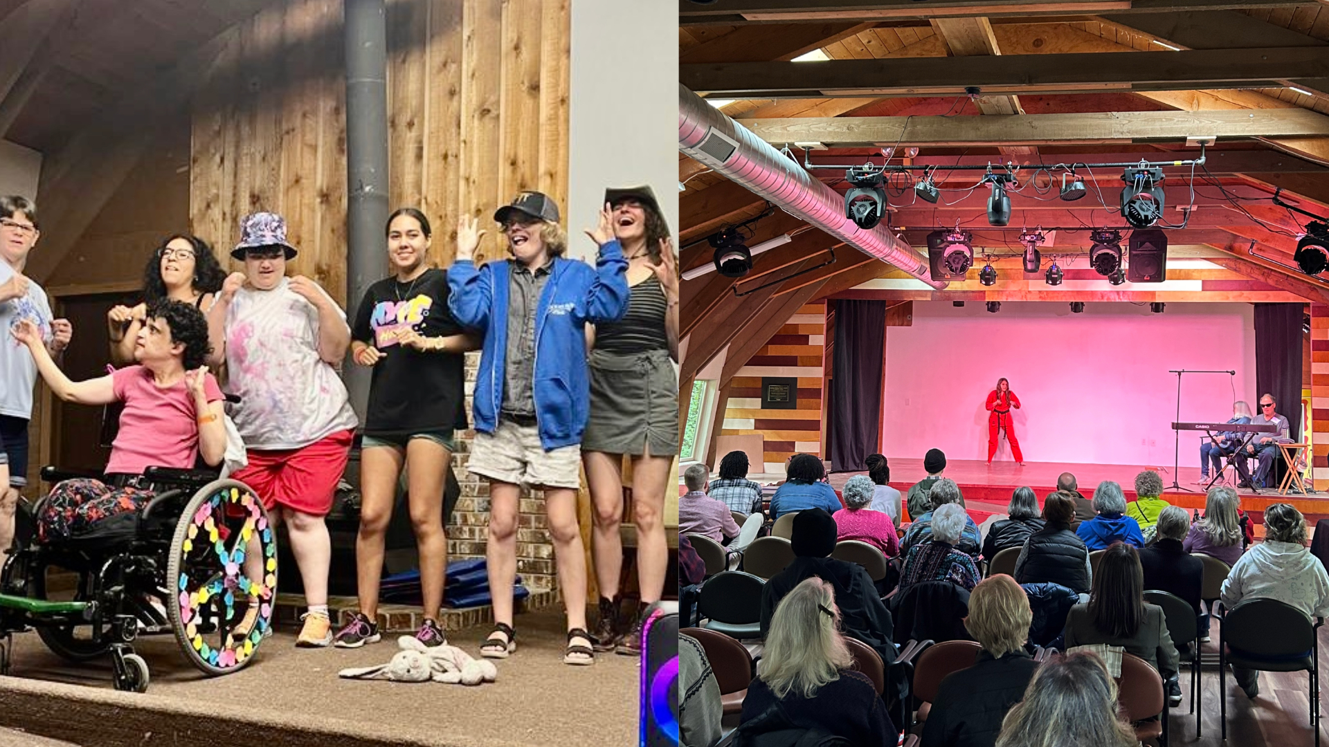 The image on the left includes campers on the previous carpeted and low stage. The image on the right includes a performance on the new and grand stage with magenta lightin and an audience of people. 